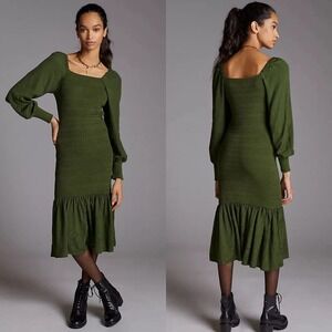 Anthropologie Green‎ Smocked Midi Dress puff Sleeve Size Small Square Neck
